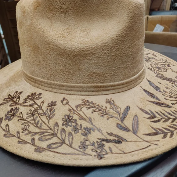 Floral Hand Burned Tan Hat - Picture 3 of 4